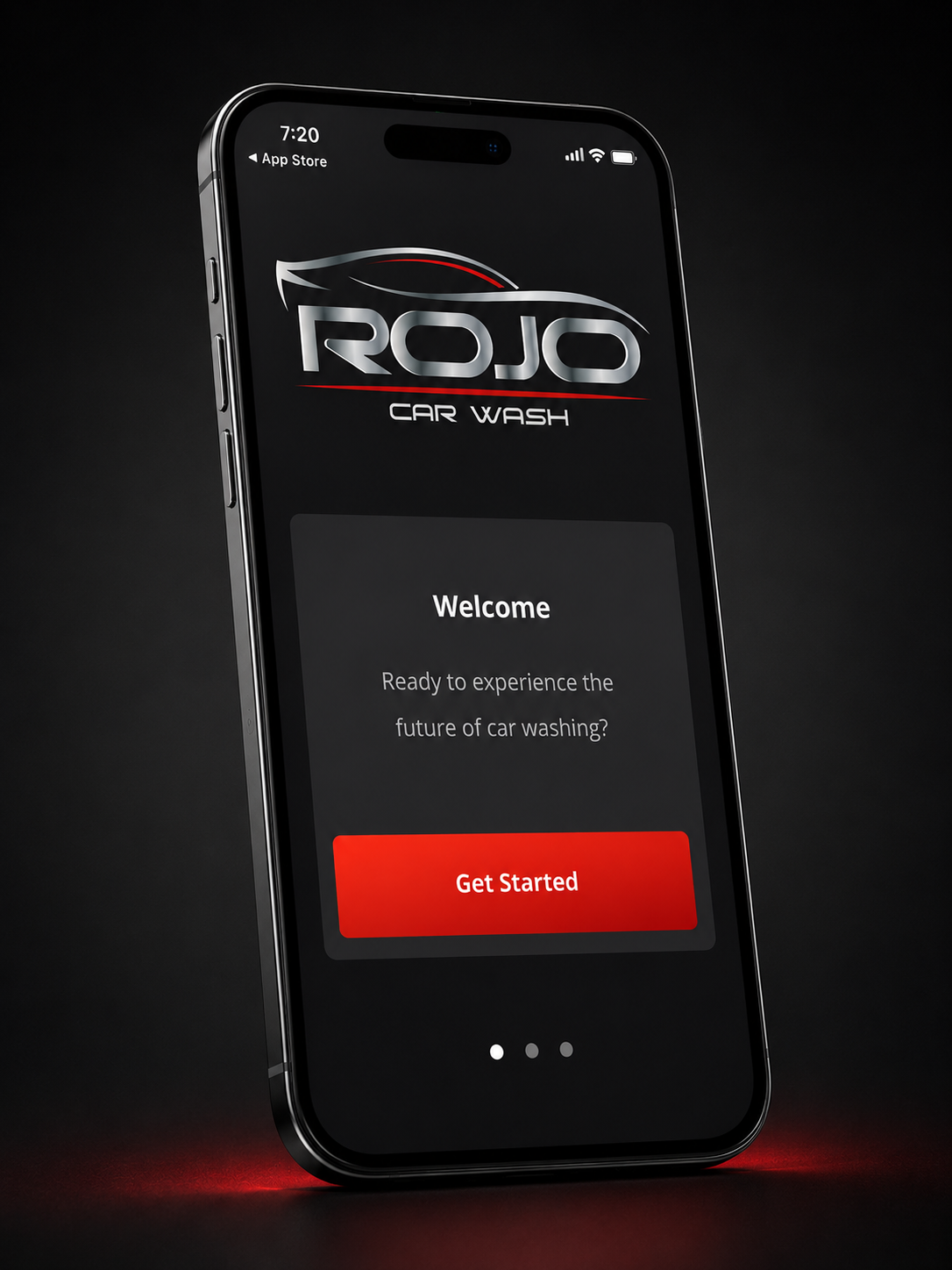 RoJo Car Wash mobile app welcome screen displayed on a premium black smartphone