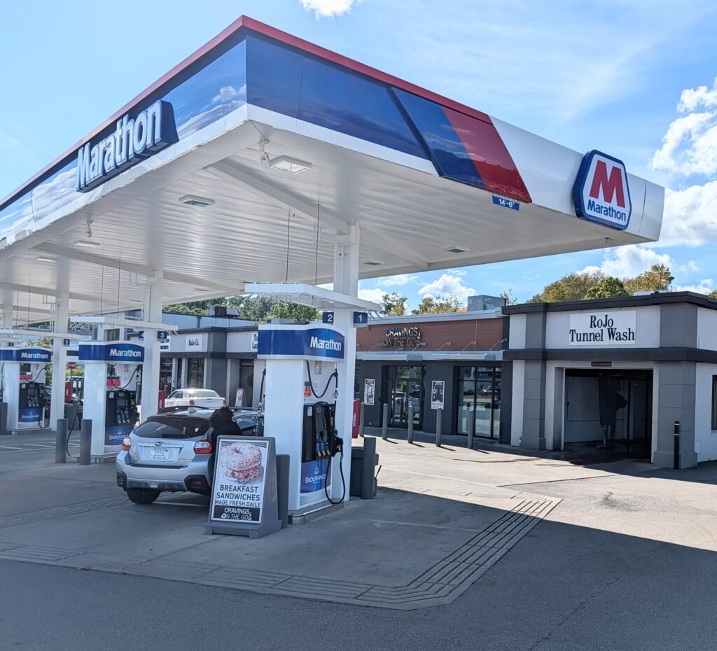 Marathon fuel pumps and canopy at RoJo Car Wash, 69 Providence Highway in Norwood